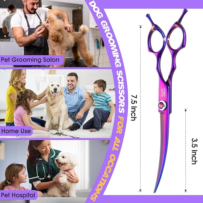 JASON 7.5" Dog Grooming Scisssors - Professional Curved Shears for Dogs, Japanese 440C Stainless Steel Dog Cutting Scissors with Diamond Adjustable Screw