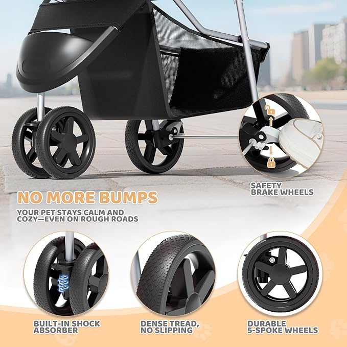 Magshion 3-Wheel Pet Stroller, Foldable Travel Jogger for Small & Medium Dogs & Cats (Up to 33lbs), Lightweight Carrier with Breathable Mesh Cover, Cup Holder & Storage Basket, Black