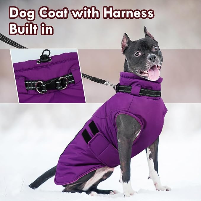 Dog Jackets for Large Dogs, Waterproof Winter Coat with Harness Built-in, Reflective Adjustable Hook&Loop Snowsuit, Warm Cold Weather Coats for Big Dogs Great Dane Doberamn, XXXXL Purple