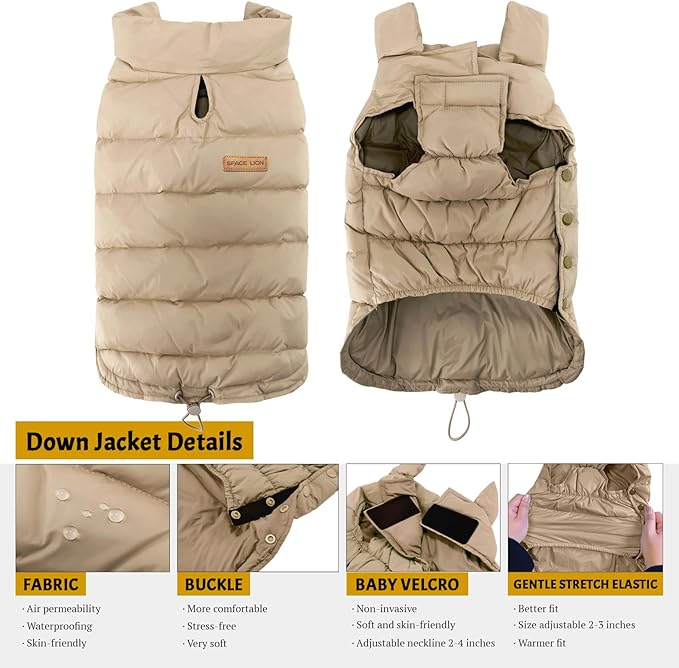 SPACE LION Puffer Jacket, Down Winter Coat, Waterproof, Windproof, Lightweight Jacket, Adjustable Fit for Small, Medium, Large Dogs (Khaki Brown, 2XL)
