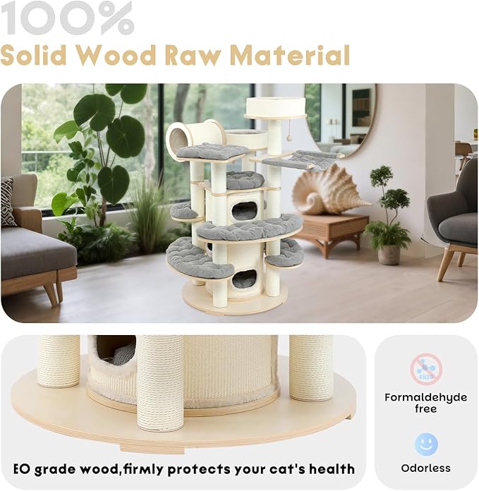 67'' Large Cat Tree,Castle Theme Multi-Levels Wood Cat Tower with Sisal Bed,Big Perchs with Removable Mats,Heavy Duty Modern Cat Condo for Indoor Cats Large Adult