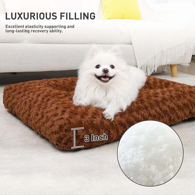 KSIIA Washable Dog Bed Deluxe Plush Dog Crate Beds Comfy Kennel Pad Anti-Slip Pet Sleeping Mat for Large, Jumbo, Medium, Small Dogs Breeds, 23" x 18", Brown