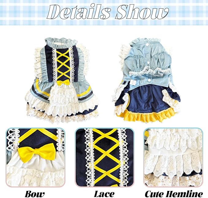 MengYu Princess Dresses for Small Dog Lolita Clothes for Cat Velvet Costume Pretty Lace Outfits Fall Costumes (Blue, XS)