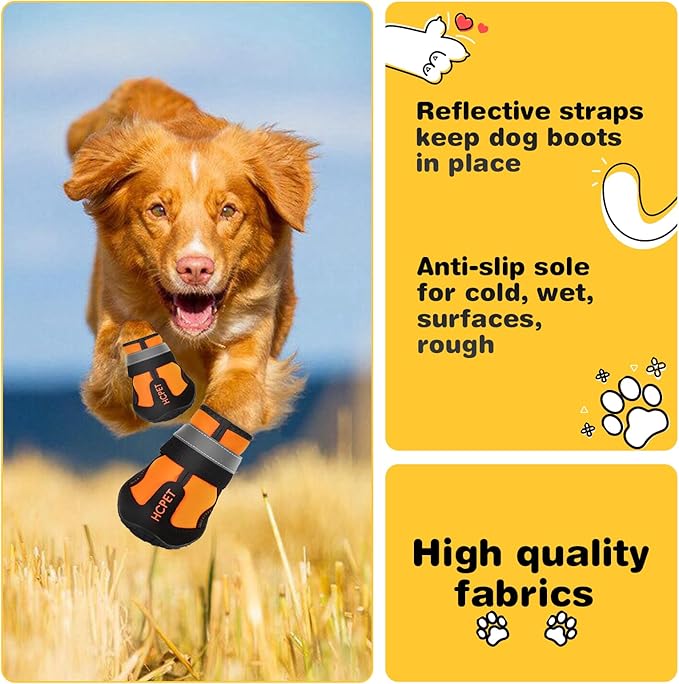 Hcpet Dog Shoes, Dog Boots for Small Dogs, Waterproof Medium Dog Booties Paw Protector for Summer Hot Pavement, Winter Snowy Day, Outdoor Walking, Indoor Hardfloors Anti Slip Sole Orange Size 3