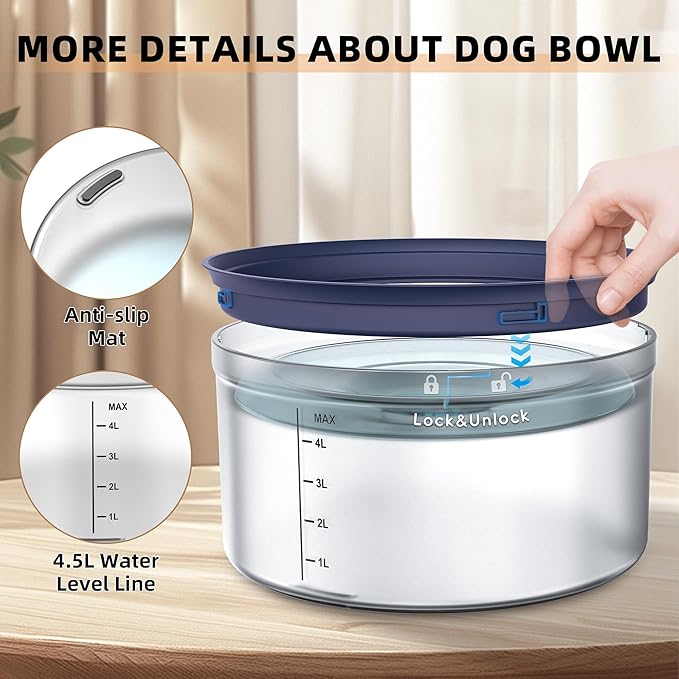 Decflow 1.2Gallon Dog Water Bowl No Spill, 4.5L Large Capacity Spill Proof Dog Bowls with Transparent Floating Disk, Anti-Splash Slow Drinking Dripless Bowl for Sloppy Messy Drinkers (Gray)