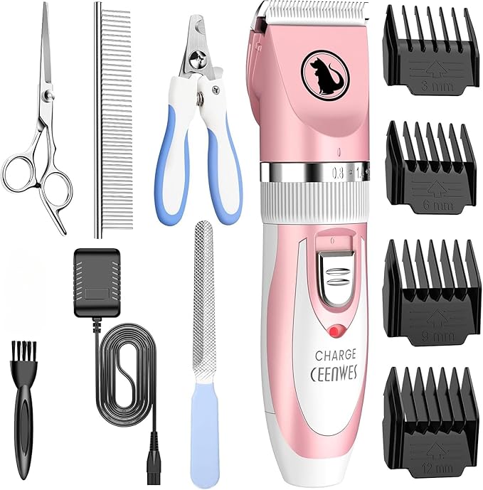 Ceenwes Low Noise Cat & Dog Clippers - Rechargeable Cordless Pet Grooming Tool with Comb Guides, Scissors & Nail Kits for Cats, Dogs & Other Pets (Pink)