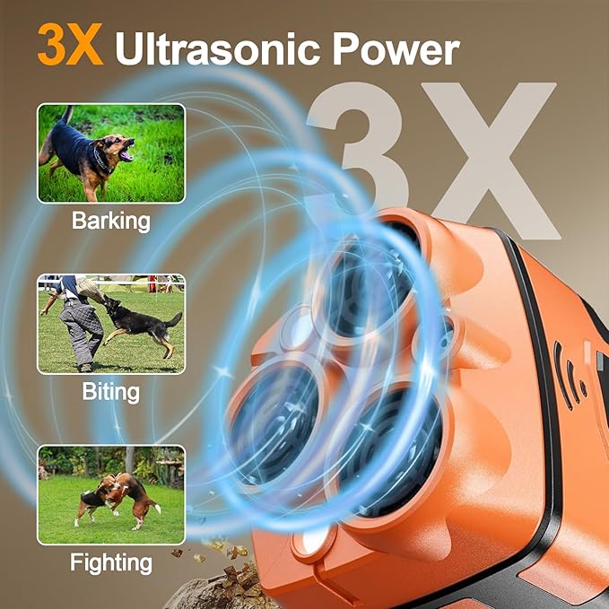 Dog Bark Deterrent Devices, Ultrasonic Anti-Barking Devices with 3X Sonic Emitters, Portable Rechargeable Bark Control Safe for Dogs Training - Indoor & Outdoor, Orange