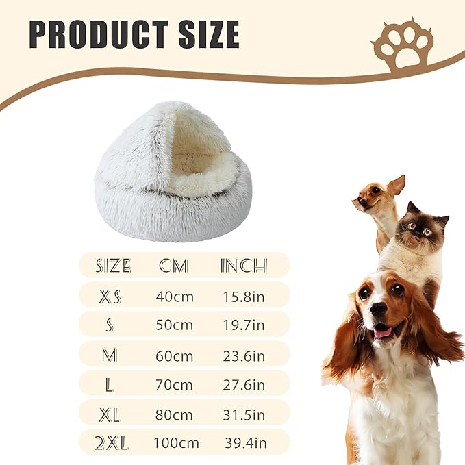 Round Plush Hooded Cat Bed, Cozy Nest Dog Beds, Cats Bed Calming Puppy Doughnut Beds with Cover Cave, Anti-Slip Bottom Washable Pets Sleeping Bag (White, M, 23.6×23.6Inch)