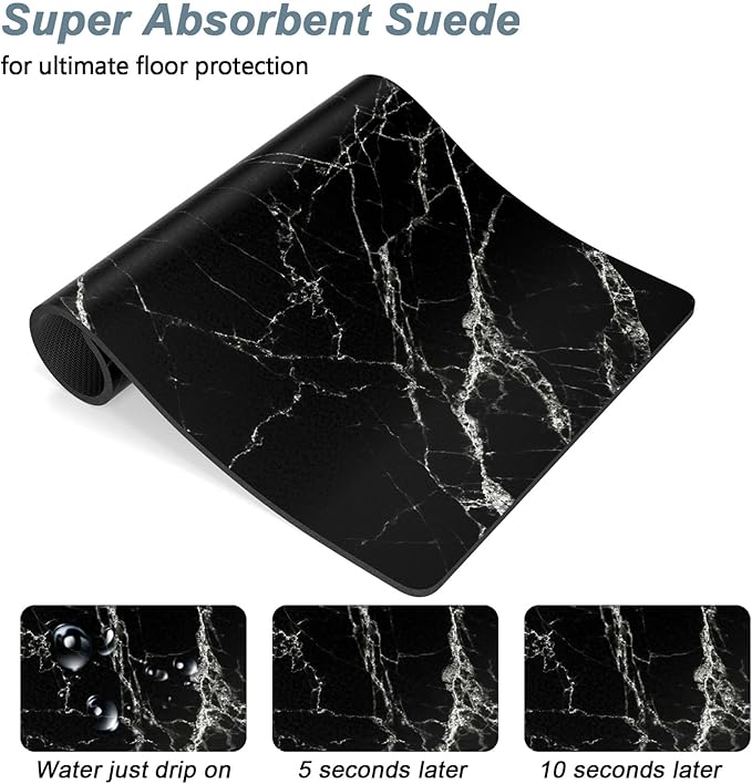 Rnivvi Dog Food Mat, 12" x 19" Marble Absorbent Dog Cat Bowl Mat for Food and Water, Cute Anti-Slip Rubber Pet Feeding Rug Protect Floors, Puppy Placemat for Feeding & Watering Supplies, Black