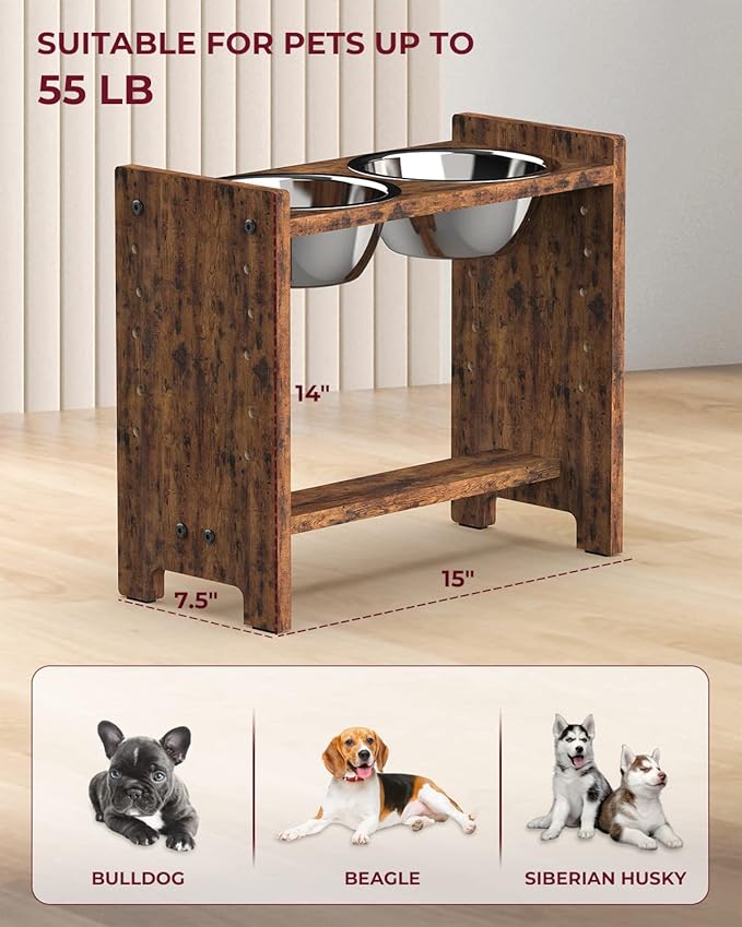 Vantic Elevated Dog Bowls, Adjustable Raised Dog Bowl Stand for Medium Sized Pet, Sturdy Particle Board Food Feeder with 2 Stainless Steel Dishes, Rustic Brown