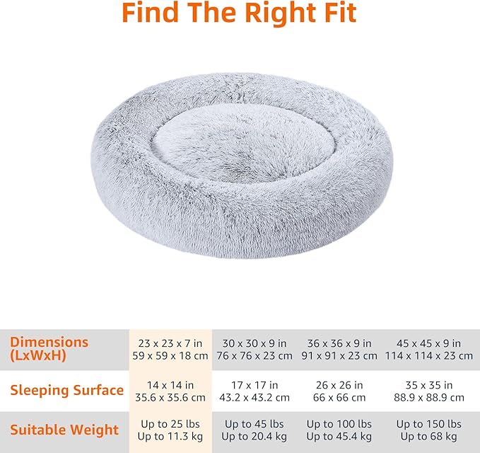 Amazon Basics Donut Pet Bolster Faux Fur Bed for Dog, Grey, 23" x 23"