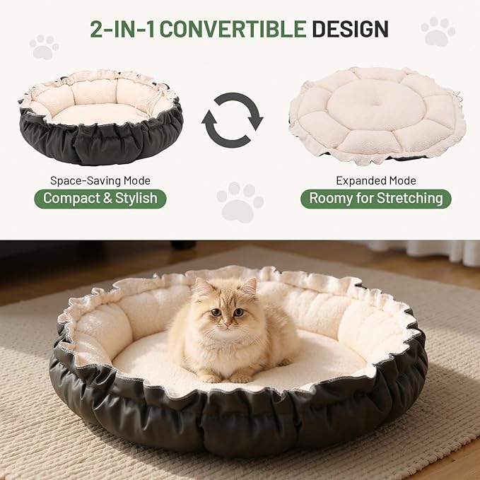 20.8Inch Cat Bed for Indoor Cats, 2-Sided Reversible Pet Bed, Adjustable Drawstring Kitten Bed, Small Dog Beds and Furniture for Puppy, Kitty, with Black Water-Resistant Anti-Slip Bottom