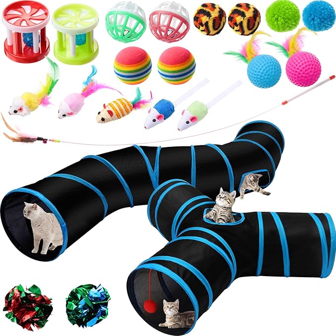 Poen 22pcs Cat Kitten Toys Set with 2 Collapsible Cat Tunnel and 20 Interactive Kitty Feather Toy, Fluffy Mouse, Crinkle Balls, for Kitten Puppy(Blue, Black)