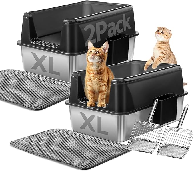 Marchul 2 Pack Stainless Steel Cat Litter Box with Litter Scoop Holder, XL Litter Boxes with Metal Scoop, Litter Mat, Easy to Clean for Indoor Big Cats,High Sides, Multicat Home,Anti-Urine Leakage