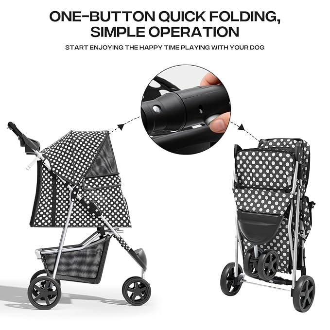 Cat Dog Stroller,3-Wheels Pet Stroller for Medium/Puppy Dogs 30 Lbs, Cat Strollers for 1 Cats, Foldable Dog Stroller with Storage Basket and Cup Holder, Breathable Mesh Black Polka Dots