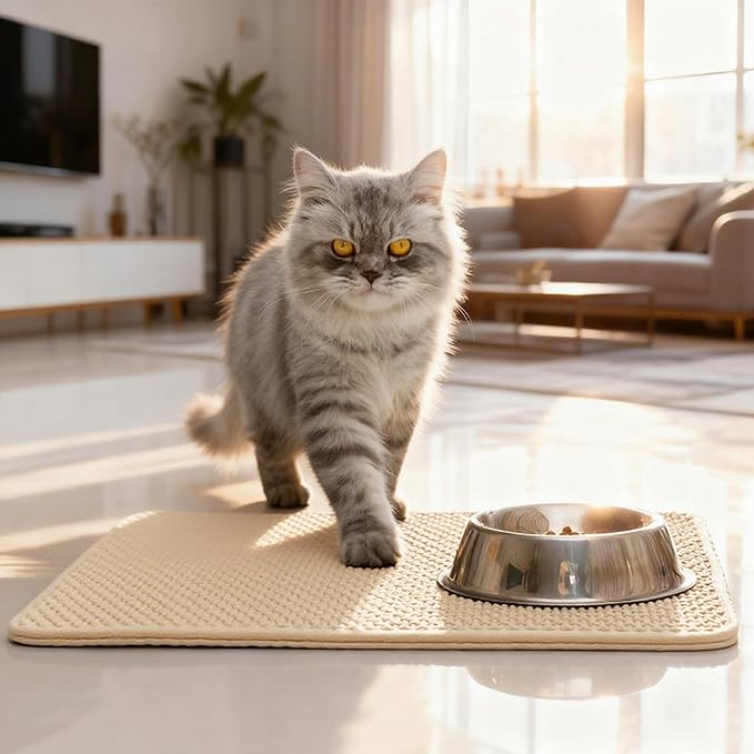 Cat Litter Mat Cat Litter Trapping Mat, 35 x 24 inch Honeycomb Double Layer Design, Urine and Water Proof Material, Scatter Control, Less Waste, Easier to Clean, Washable yellow
