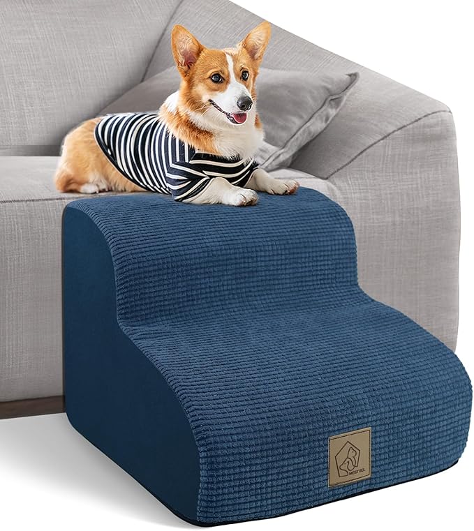 Mestuel Dog Stairs for Small Dogs Cats, 2 Tiers Small Pet Stairs to Couch Sofa, Dog Ramp Ladder Indoor for Dachshund Bulldog with High Density Foam & Nonslip Bottom, Blue