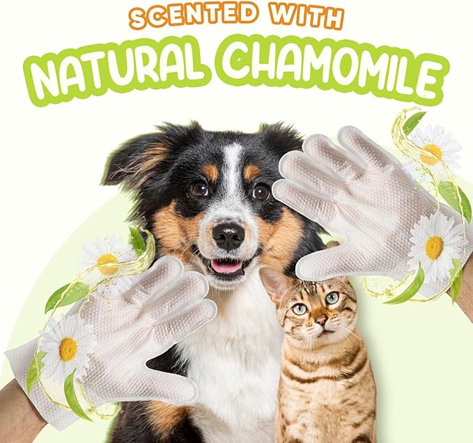 Pet Glove Wipes for Dogs & Cats | Nourish & Clean Fur & Skin | Coconut Oil & Chamomile Rinse-Free Wipes | Bathing Glove Wipes for Daily Care and Travel | Natural, Hypoallergenic (8 Pack)