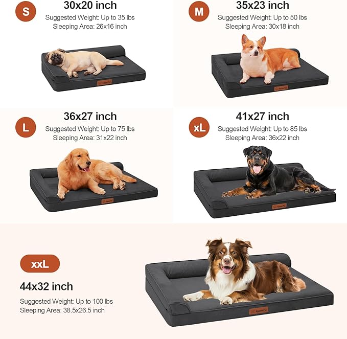 Orthopedic Dog Beds Large Sized Dog, Memory Foam Pet Bed for Medium and Large Dogs, Removable and Washable Microsuede Cover, TPU Waterproof Liner, Nonskid Bottom, 36x27x6 Inches, Dark Grey