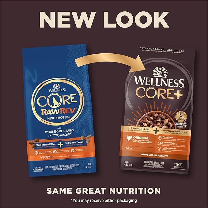Wellness CORE+ Dry Dog Food with Wholesome Grains, Natural Ingredients, Made in USA with Real Freeze-Dried Meat (Adult, Turkey, 4 lbs) (Pack of 2)