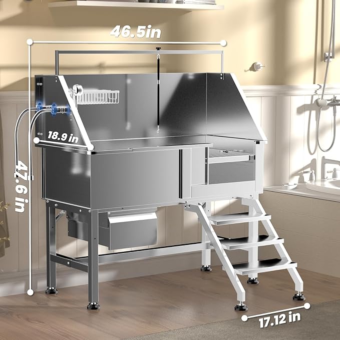46" Dog Washing Station for Home,Stainless Steel Professional Dog Bathing Station Height Adjustable D og Grooming Tub Ramp, Drawer, Floor Grate & Fauct (R Stair)
