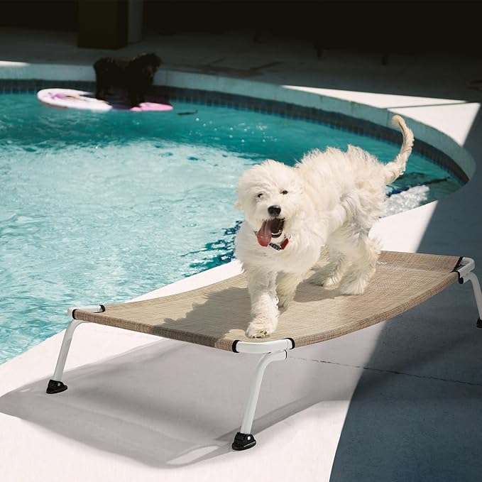 Veehoo Elevated Dog Bed for Outdoor, Cooling Waterproof Raised Dog Cots Beds for Medium Dogs, Curved Off Ground Pet Hammock Cot Lifted for Outside, up to 65lbs, White Legs, Beige 32"