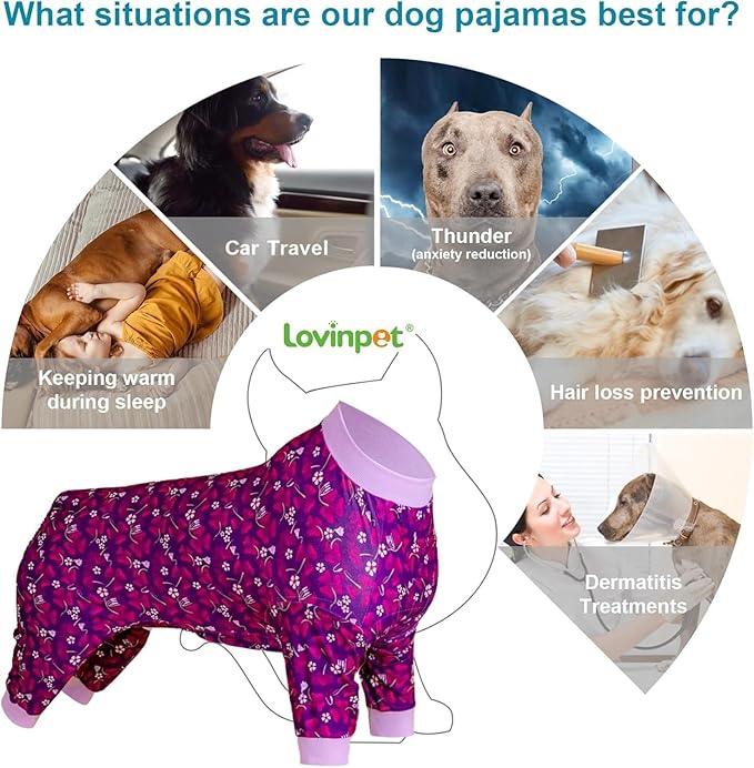 LovinPet Big Dogs Pajamas Jumpsuit, Pet Anxiety Relief Shirt, Sun Protection Dog Shirt, Comfy Stretchy Fabric, Indigo Garden Print, Big Dog Surgery Recovery PJ's, Girl or Boy Dog Party Apparel, 3XL