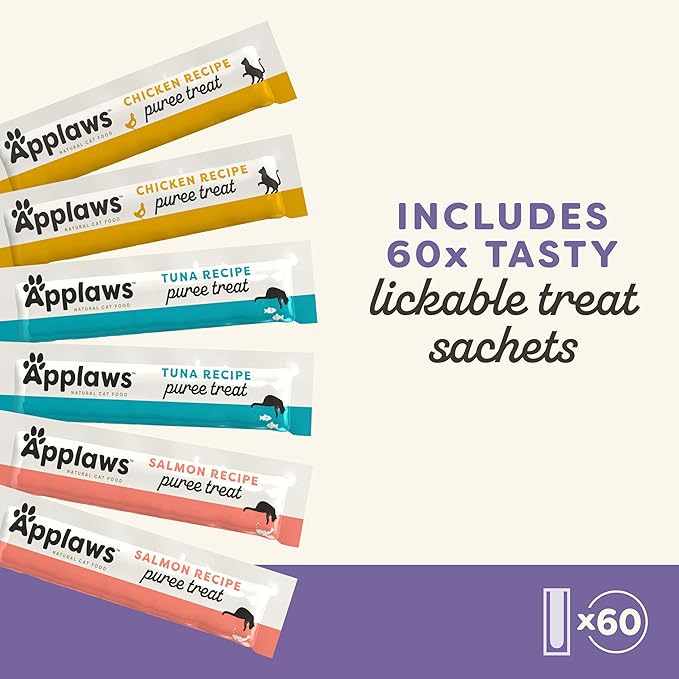 Applaws Lickable Cat Treats, Natural Grain-Free Purée, Made with Limited and Natural Ingredients, No Artificial Additives, Variety of Chicken, Tuna & Salmon Squeeze Up Cat Treats (60 x 0.5 oz Sachets)