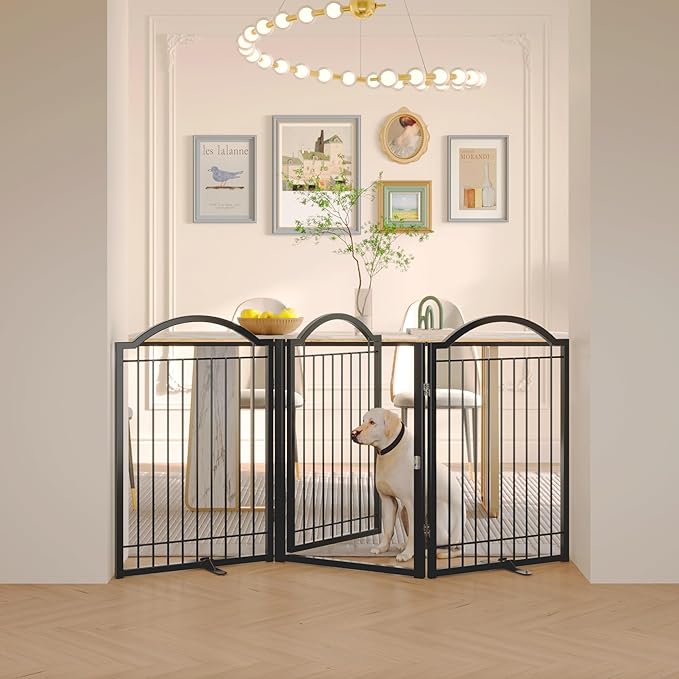 BHG Metal No-Assembly Freestanding Dog Gate with Door Walk Through, Extra Wide 72", Extra Tall 32" Pet Gate, Accordion Puppy Folding Playpen Dog Fence, with 2PCS Support (Black, 3 Panels)