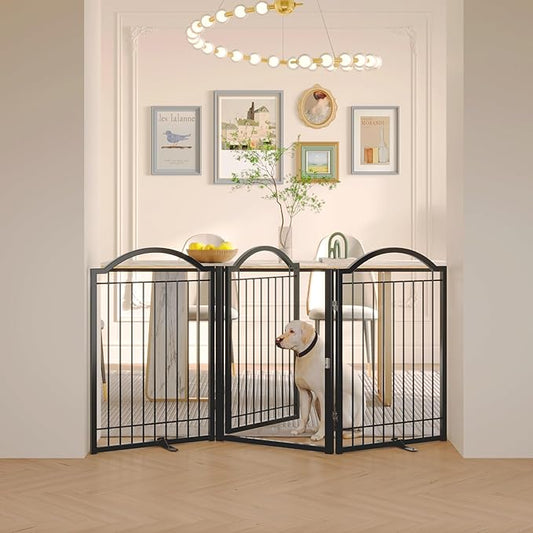 BHG Metal No-Assembly Freestanding Dog Gate with Door Walk Through, Extra Wide 72", Extra Tall 32" Pet Gate, Accordion Puppy Folding Playpen Dog Fence, with 2PCS Support (Black, 3 Panels)