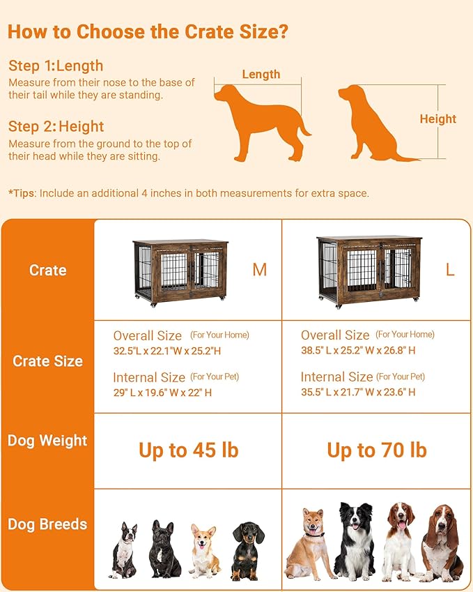 Dog Crate Furniture with Cushion Set of 2, Wooden Dog Kennel Indoor with Wheels & Double Doors, Dog Cage Side End Table for Medium Small Dogs up to 45 lb, 32.5” L, Rustic Brown