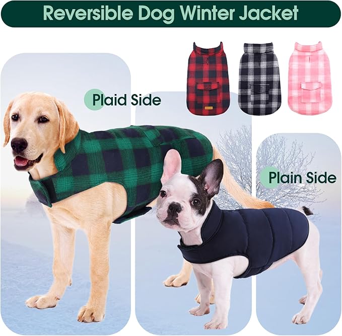 Kuoser Reversible Winter Coat, British Style Jacket for Small Medium Dogs - Warm, Windproof Puppy Cold Weather Vest, Green M