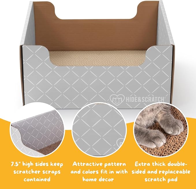 HIDE & SCRATCH Cardboard Cat Scratcher; Cat Scratcher Box and Bed with Refillable Double-Sided Cardboard Scratch Pad for Indoor Cats