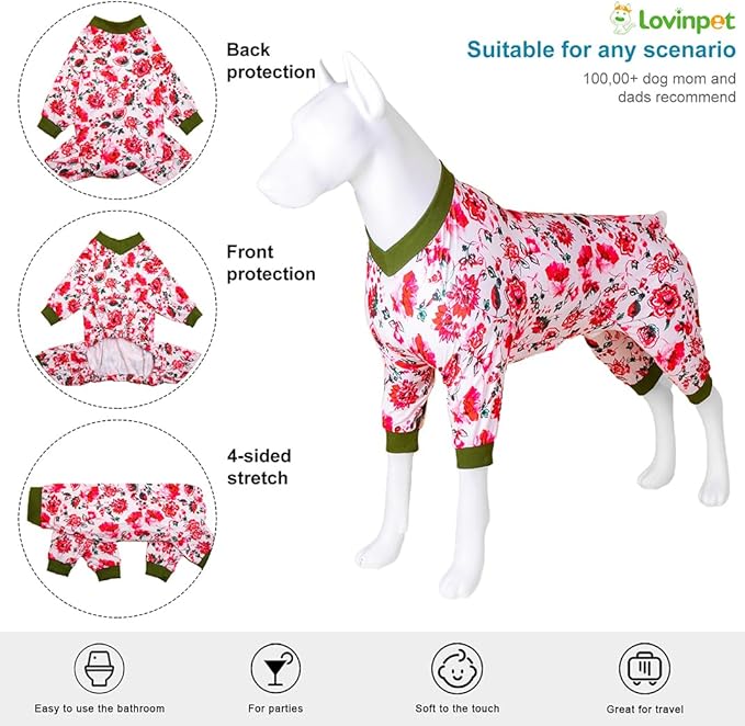 LovinPet Dog Pjs - Medium Dog Anxiety Relief Pajamas, Anti-Licking Recovery Onesie, White Pink Floral Print, Large