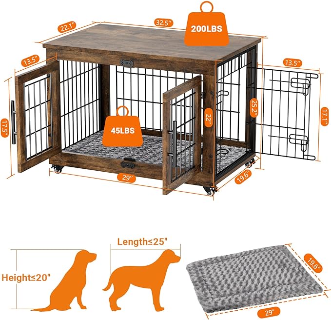 Dog Crate Furniture with Cushion Set of 2, Wooden Dog Kennel Indoor with Wheels & Double Doors, Dog Cage Side End Table for Medium Small Dogs up to 45 lb, 32.5” L, Rustic Brown