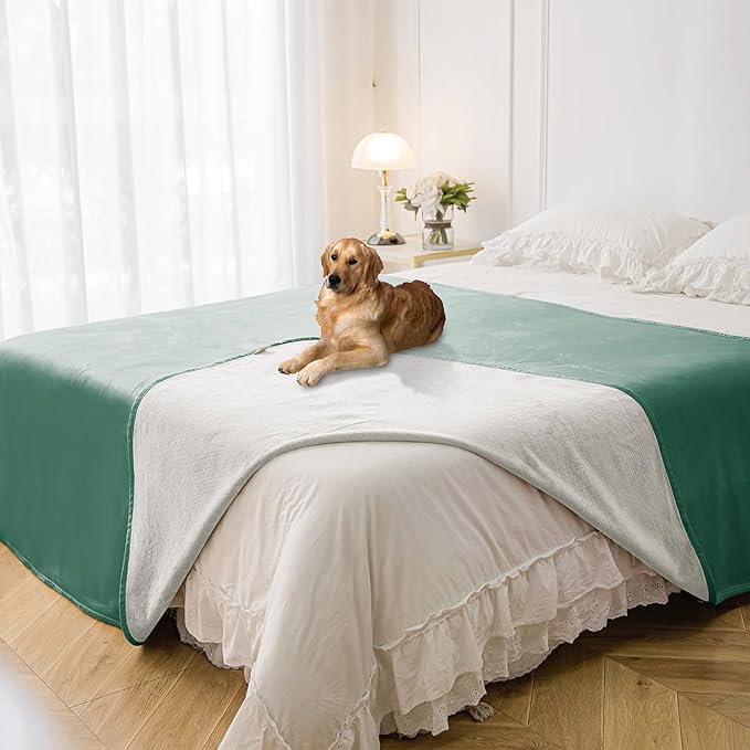Waterproof Blanket for Bed Protection, Washable Dog Blankets for Couch, Soft Reversible Pet Throw Furniture Protector Cover for Sofa-82"x120",Green+Cream