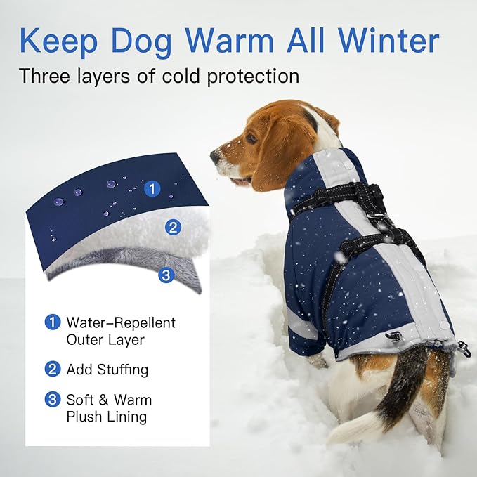 XS Dog Winter Coat with Harness Built in - Turtleneck with Sleeves| Reflective Water-Repellent Jackets for Night,Warm Puppy Clothes for Snow Cold Weather,Chihuahua (Navy-Blue)