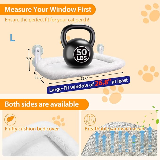 L&W BROS. Heated Cat Window Perch with Adjustable Thermostat & Timer, Cat Hammock with 4 Strong Suction Cups, Easy-to-Clean Warm Bed for Winter, Holds Up to 50lbs (L 1PC)
