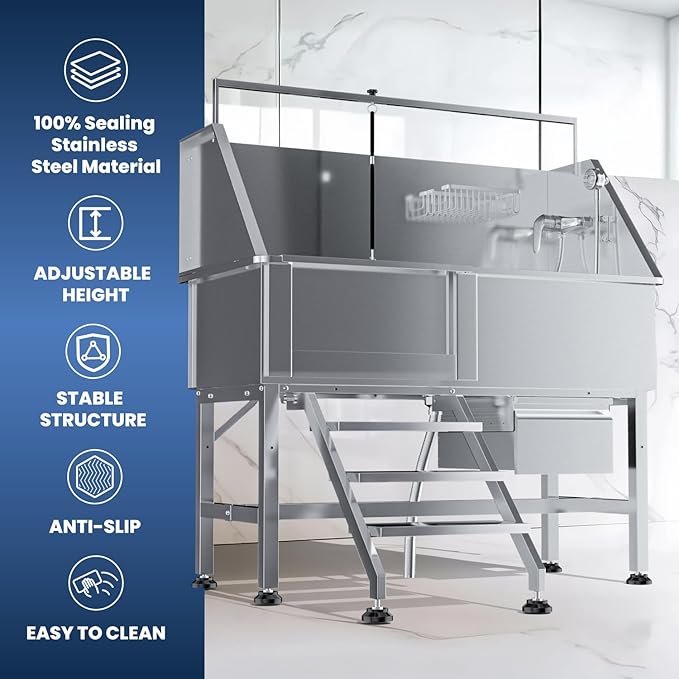 46" Dog Washing Station for Home,Stainless Steel Professional Dog Bathing Station Height Adjustable D og Grooming Tub Ramp, Drawer, Floor Grate & Fauct (L Stair)