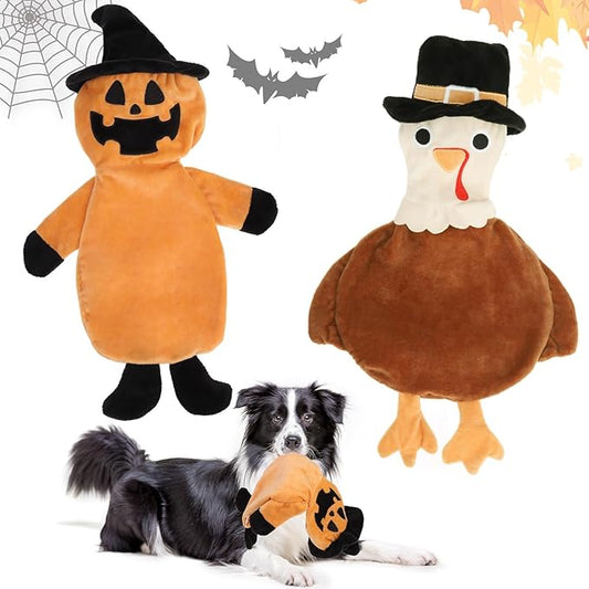 BINGPET Dog Squeaky Toys,2 Pack No Stuffing Halloween & Thanksgiving Dog Toys, Pumpkin & Turkey Interactive Plush with Squeaky Ball and Crinkle Paper, Durable Fun for Small Medium Large Dogs