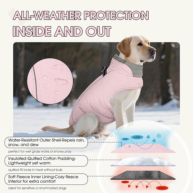 QBLEEV Dog Coat for Large Dogs, XL Dog Jacket for Winter Snow Waterproof with Built-in D-Ring Harness, Reflective Warm Fleece Safety Vest, Cold Weather Snowsuit with Zipper, Elastic Belly, Pink, XL