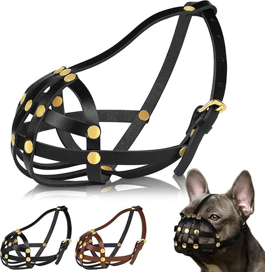 OOPSDOGGY French Bulldog Dog Muzzle for Short Snout Dog - Leather Breathable Secure Basket Muzzle for Frenchie Prevents Biting No Chewing Adjustable (Black, Size 2 - French Bulldog)