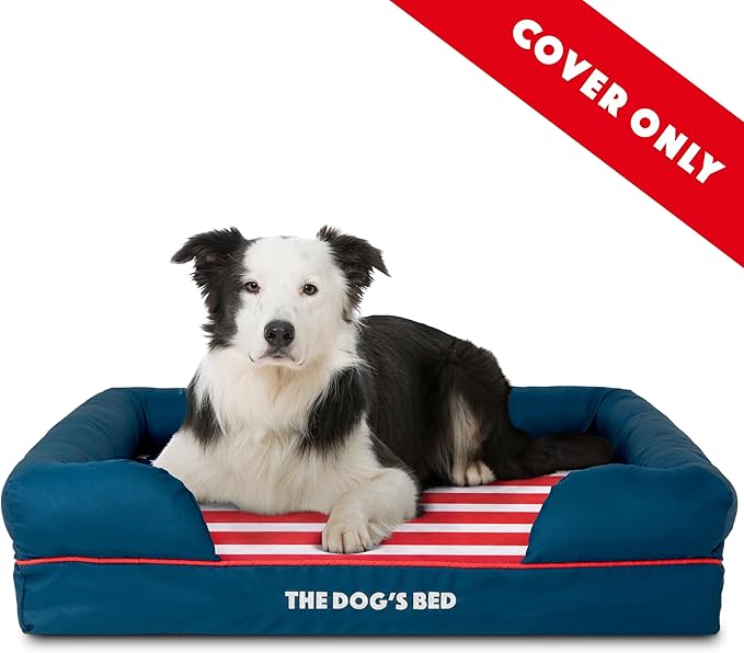 The Dog's Bed Replacement Outer Cover ONLY (Outer Cover ONLY - NO Bed, NO Waterproof Inner) for The Dog's Bed, Washable Oxford Fabric, Large (Blue with Red Piping USA Flag Embroidery & Centre Flag)