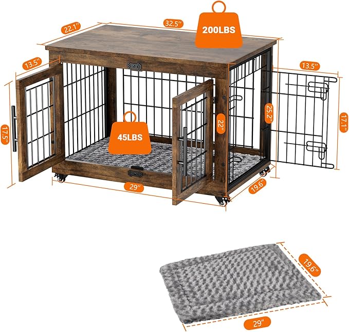 Dog Crate Furniture with Cushion, Wooden Dog Kennel Indoor with Double Doors, Dog Cage with Wheels, Dog House Side End Table for Small Medium Dogs up to 45 lb, 32.5” L, Rustic Brown