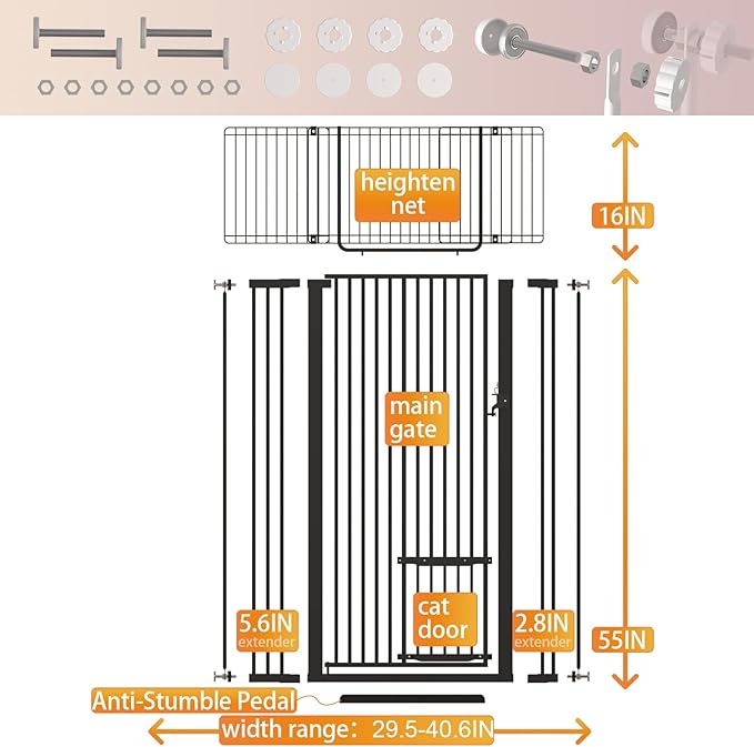 71" Extra Tall Cat Gate 29.5-40.6 Wide Pet gate for Doorway Pet Gate with Cat Doors NO Drilling Pressure Mount Kit for Cats and Dogs Indoor Doorways liveing Room Bedroom-Black