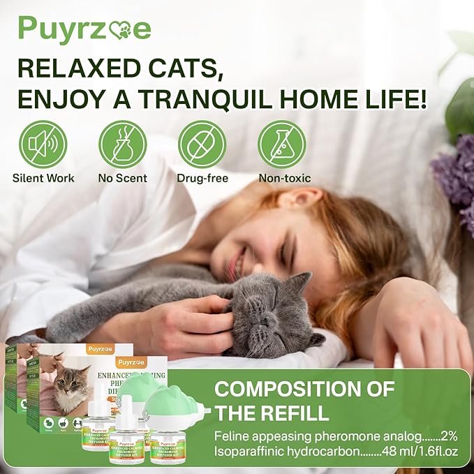 Cat Calming Diffuser with 3 Timing Functions, 6-in-1 Cat Pheromones Calming Diffuser Kit, 120-Day Anxiety Relief, Stress Reduction & Relaxation for All Cats (2 Diffusers + 4 Refills)