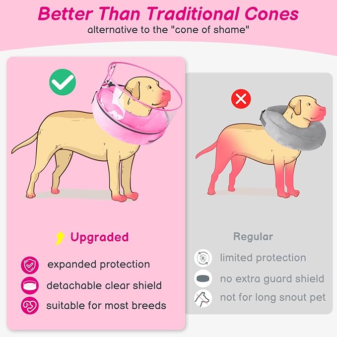 BARKLESS Inflatable Dog Cone, Protective Dog Surgery Collar to Stop Licking Biting Wounds, Patented Soft Donut Cone with Clear Shield, Adjustable Blow-up Collar for Surgery Recovery (Pink, XL)