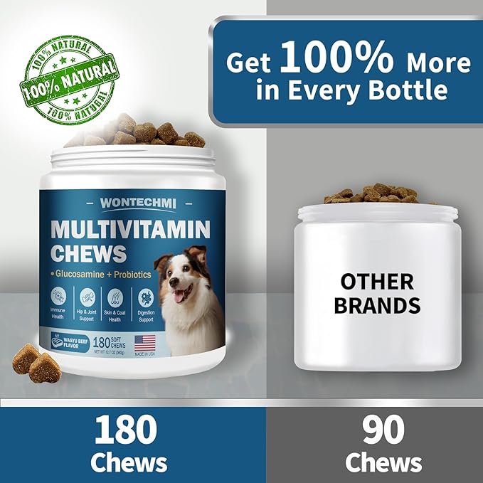 Dog Multivitamin, Glucosamine Chondroitin for Dogs, Krill Oil, Probiotics, Dog Vitamins and Supplements for Heart, Hip & Joints, Immune Health, Digestion, Skin, Coat (180 Chews, Wagyu Beef)