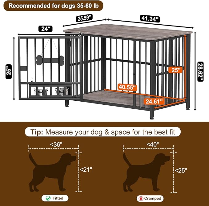 Easycom 41" Dog Crate Furniture Foldable, No Assembly Decorative Dog Kennel Indoor, Dog Crates for Large Dogs(35-60 lb), Wooden Dog Cage with Adjustable Bowls and Name Tag, End Table, Oak Grey