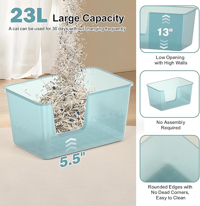 Extra Large Cat Litter Box with High Sided,24.8" Lx11.4 Wx13 H,Clear Jelly Color, Jumbo Litter Box for Big Cats,XL Cat Box for Multiple Cats,Kitty,Giant,Anti-Splashing,Easy to Clean (Blue)
